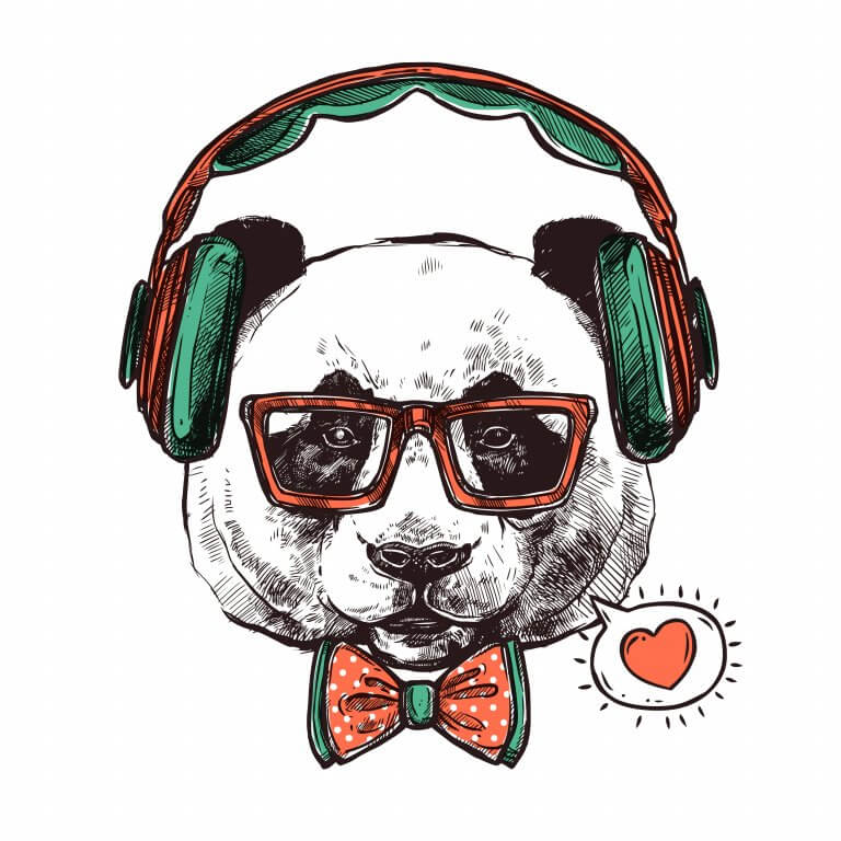 Хипстерский портрет панды в наушниках, очках, галстуке-бабочке и векторной иллюстрации сердца
