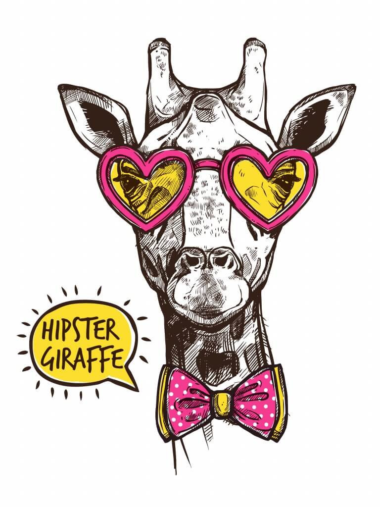 Хипстерский портрет жирафа в стильных розовых очках-сердечках и векторной иллюстрации с галстуком-бабочкой