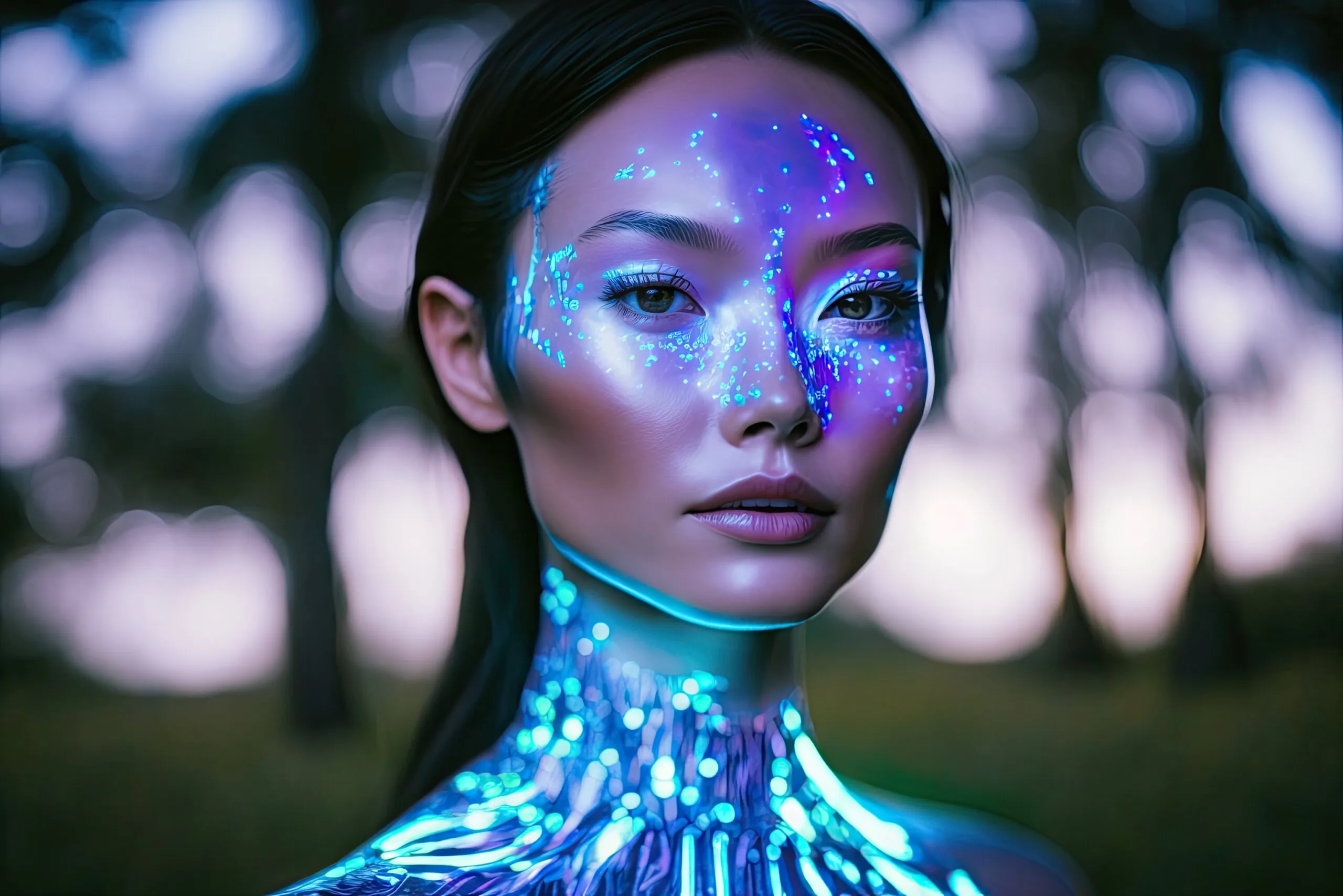 Stunning futuristic bioluminescent cybernetic fashion design glowing. Generative AI AIG15.